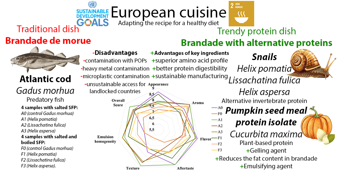 Study of the amino acid profile of alternative proteins (Helix pomatia, Lissachatina fulica, Helix aspersa) and their potential application in a healthy diet: optimization of a modern brandade recipe