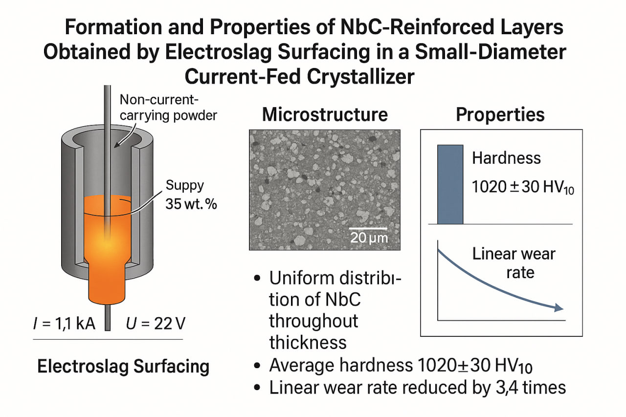 Formation and properties of NbC-reinforced layers obtained by electroslag surfacing in a small-diameter current-fed crystallizer
