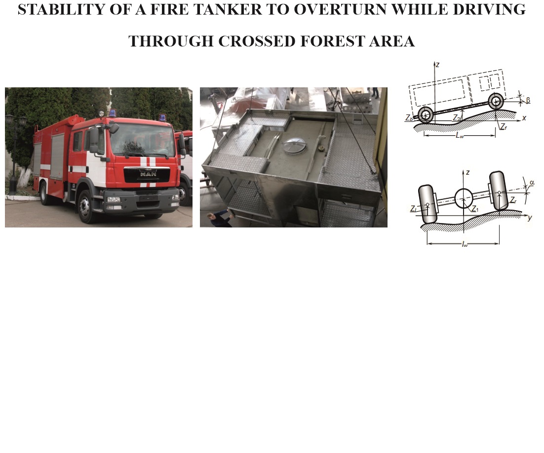 Determining the stability of a fire truck tanker against overturning while driving through crossed forest terrain