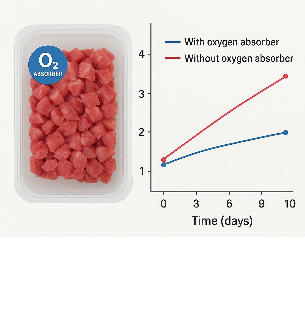 Обгрунтування ефективності використання упаковки з поглиначем кисню при зберіганні м’ясних дрібношматкових натуральних напівфабрикатів