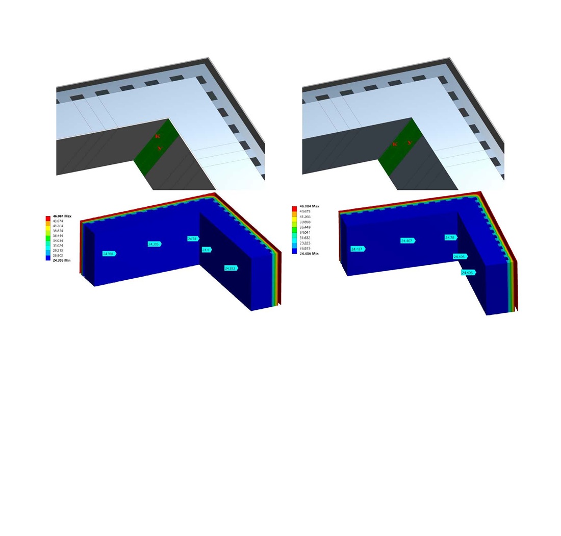 Determining the effect of transformable air ducts and a heat-reflecting screen inside them on the thermal-humidity condition of the corner element considering significant seasonal temperature gradients